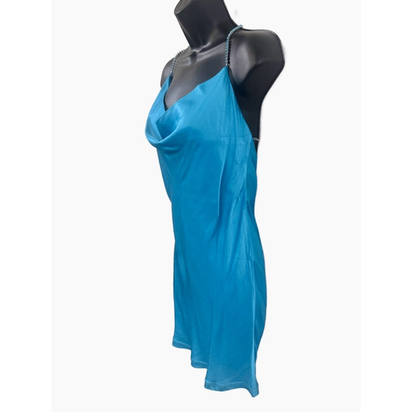 Meshki Dress Satin Cyan Blue “Sofie” Mini Rhinestone Strap Size Large NWT - Picture 9 of 11